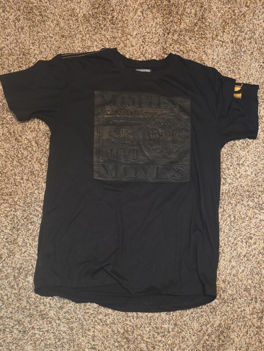 Money Moves Embossed Black Graphic T-Shirt Size Large / XL 19" Pit To Pit